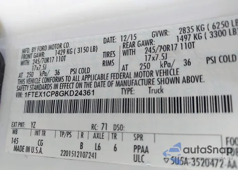 2016 Ford F-150 Xl from USA, damaged, VIN 1FTEX1CP8GKD24361